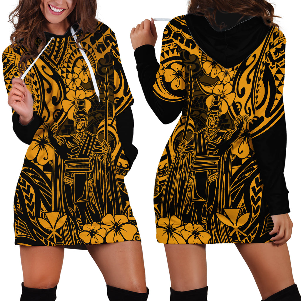 Hawaii King Kamehameha Hoodie Dress Polynesian Pattern Gold Version - Wonder Print Shop