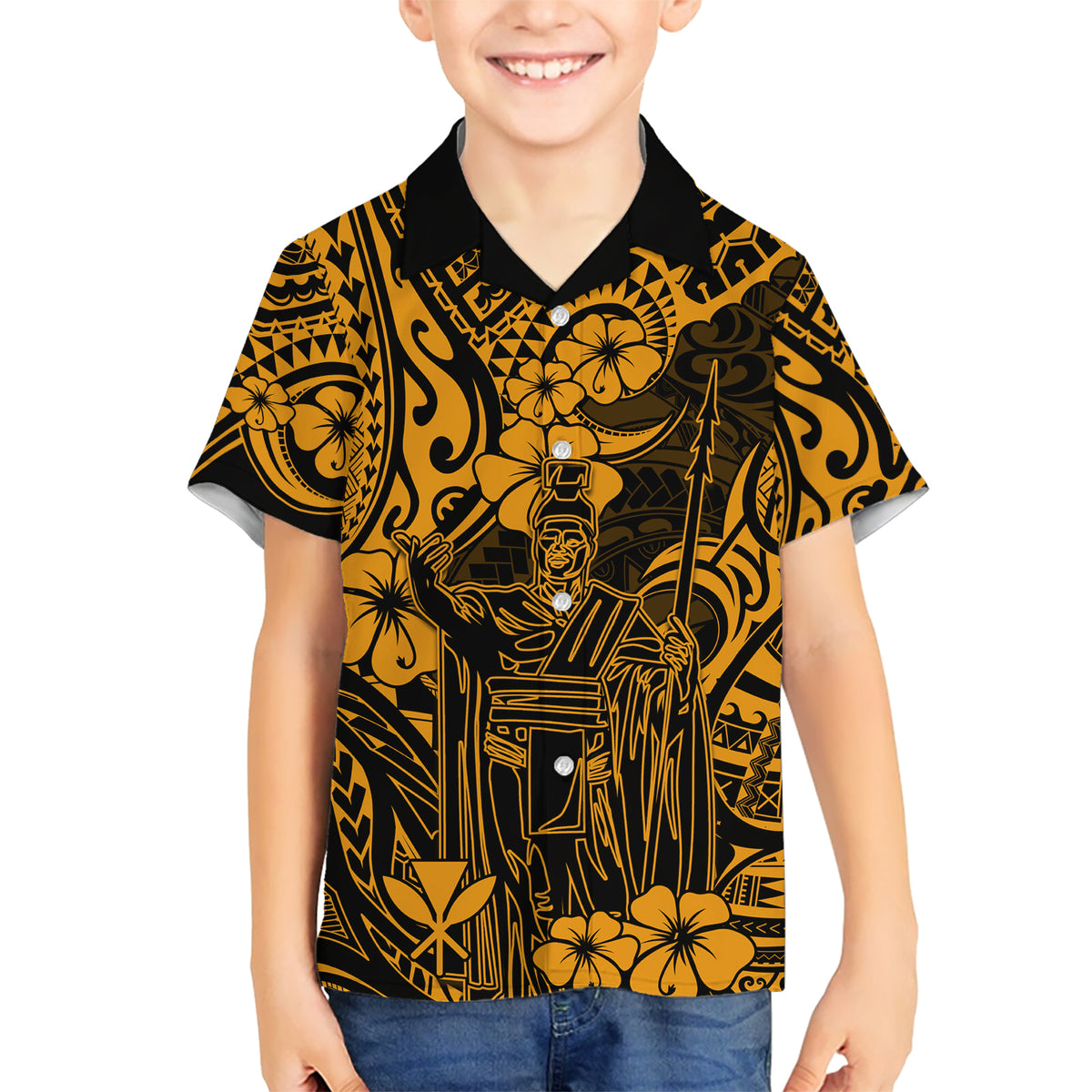 Hawaii King Kamehameha Kid Hawaiian Shirt Polynesian Pattern Gold Version - Wonder Print Shop