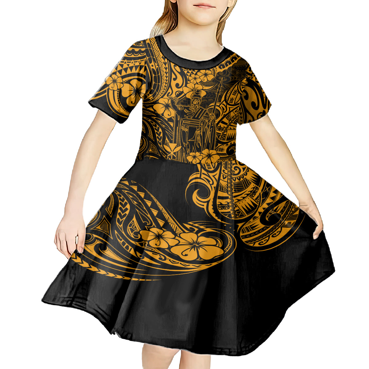 Hawaii King Kamehameha Kid Short Sleeve Dress Polynesian Pattern Gold Version - Wonder Print Shop
