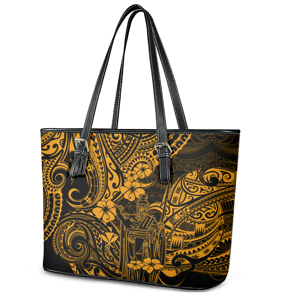 Hawaii King Kamehameha Leather Tote Bag Polynesian Pattern Gold Version - Wonder Print Shop