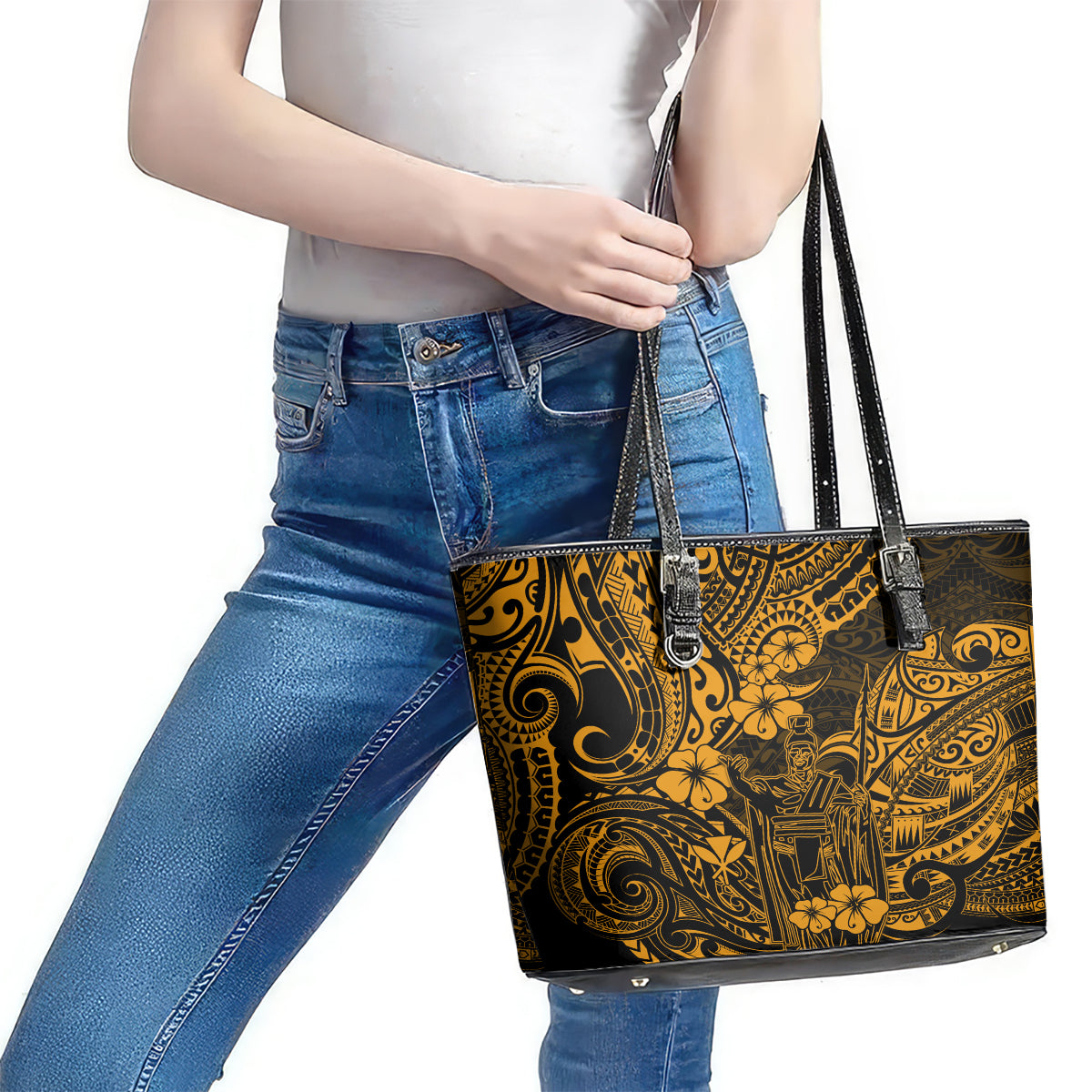 Hawaii King Kamehameha Leather Tote Bag Polynesian Pattern Gold Version - Wonder Print Shop