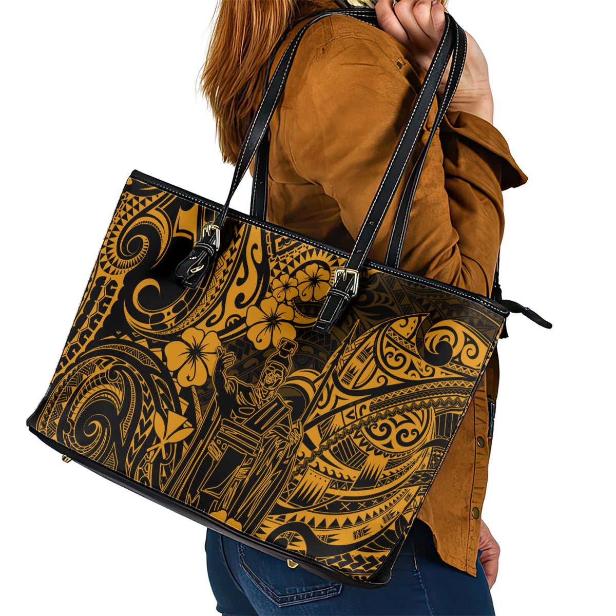 Hawaii King Kamehameha Leather Tote Bag Polynesian Pattern Gold Version - Wonder Print Shop