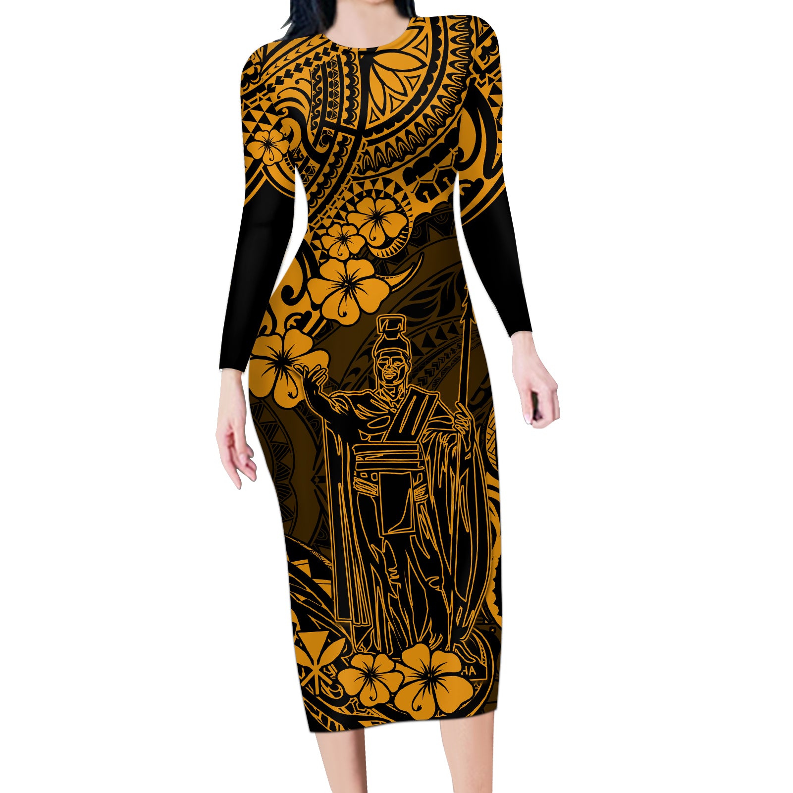 Hawaii King Kamehameha Long Sleeve Bodycon Dress Polynesian Pattern Gold Version - Wonder Print Shop