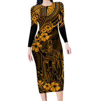 Hawaii King Kamehameha Long Sleeve Bodycon Dress Polynesian Pattern Gold Version - Wonder Print Shop