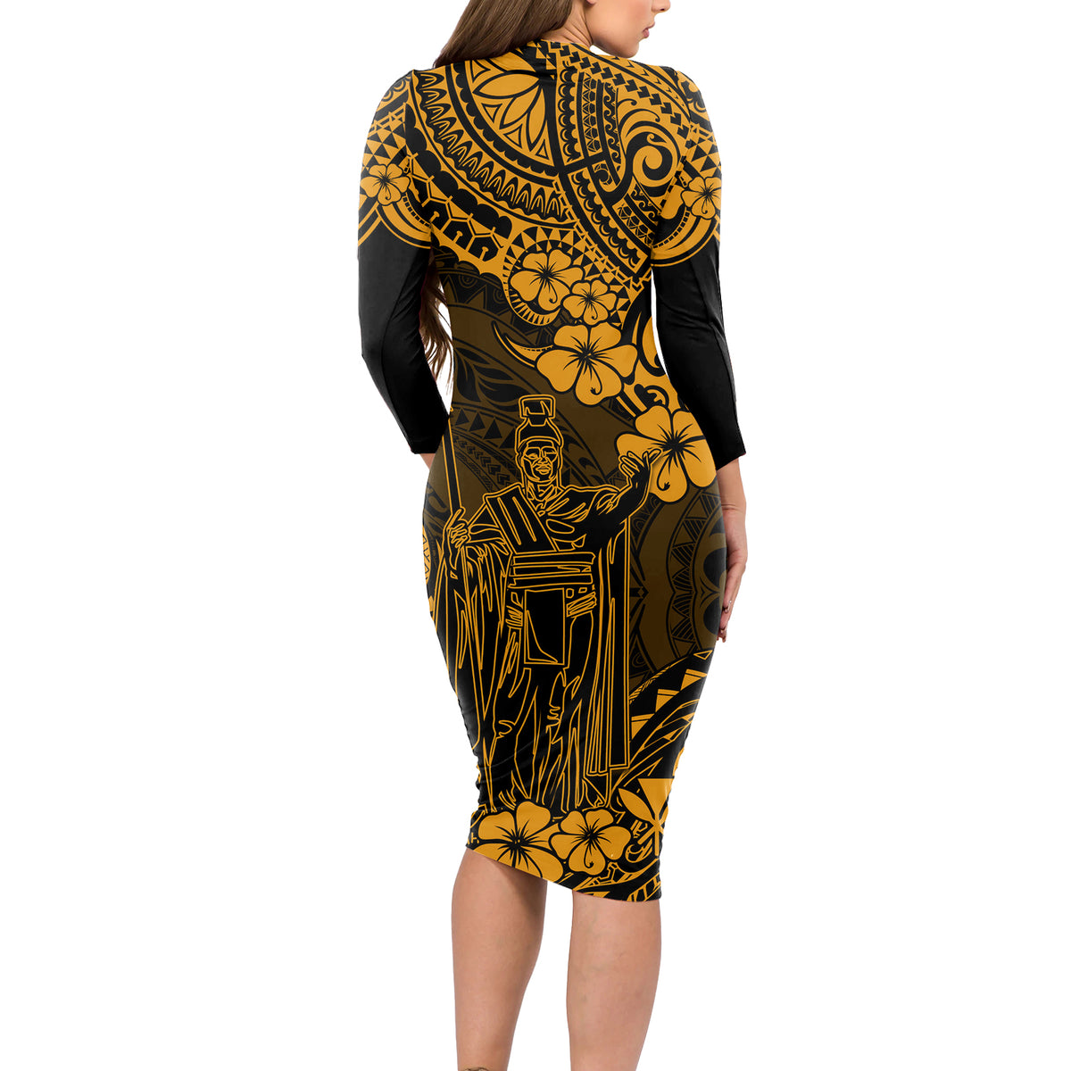 Hawaii King Kamehameha Long Sleeve Bodycon Dress Polynesian Pattern Gold Version - Wonder Print Shop