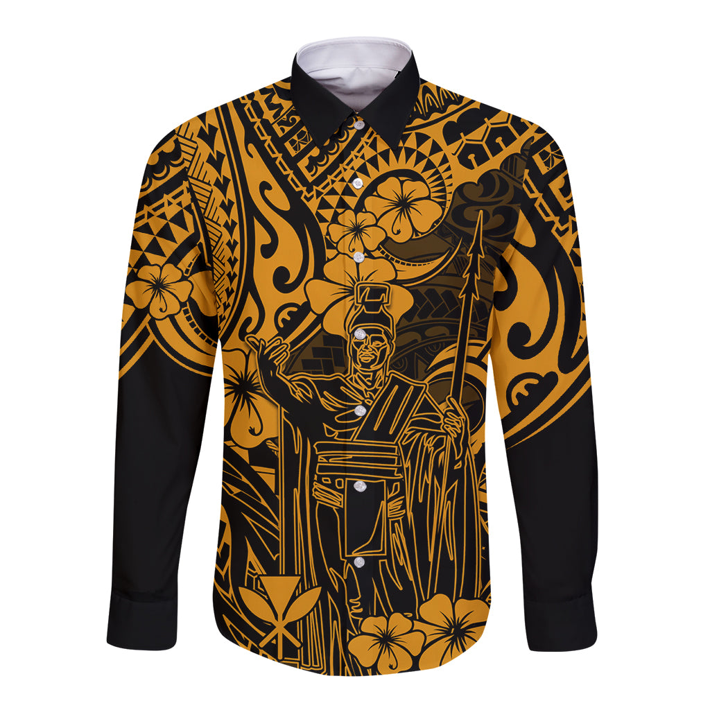 Hawaii King Kamehameha Long Sleeve Button Shirt Polynesian Pattern Gold Version - Wonder Print Shop