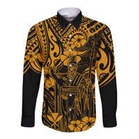 Hawaii King Kamehameha Long Sleeve Button Shirt Polynesian Pattern Gold Version - Wonder Print Shop