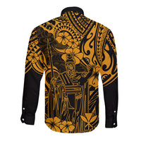 Hawaii King Kamehameha Long Sleeve Button Shirt Polynesian Pattern Gold Version - Wonder Print Shop