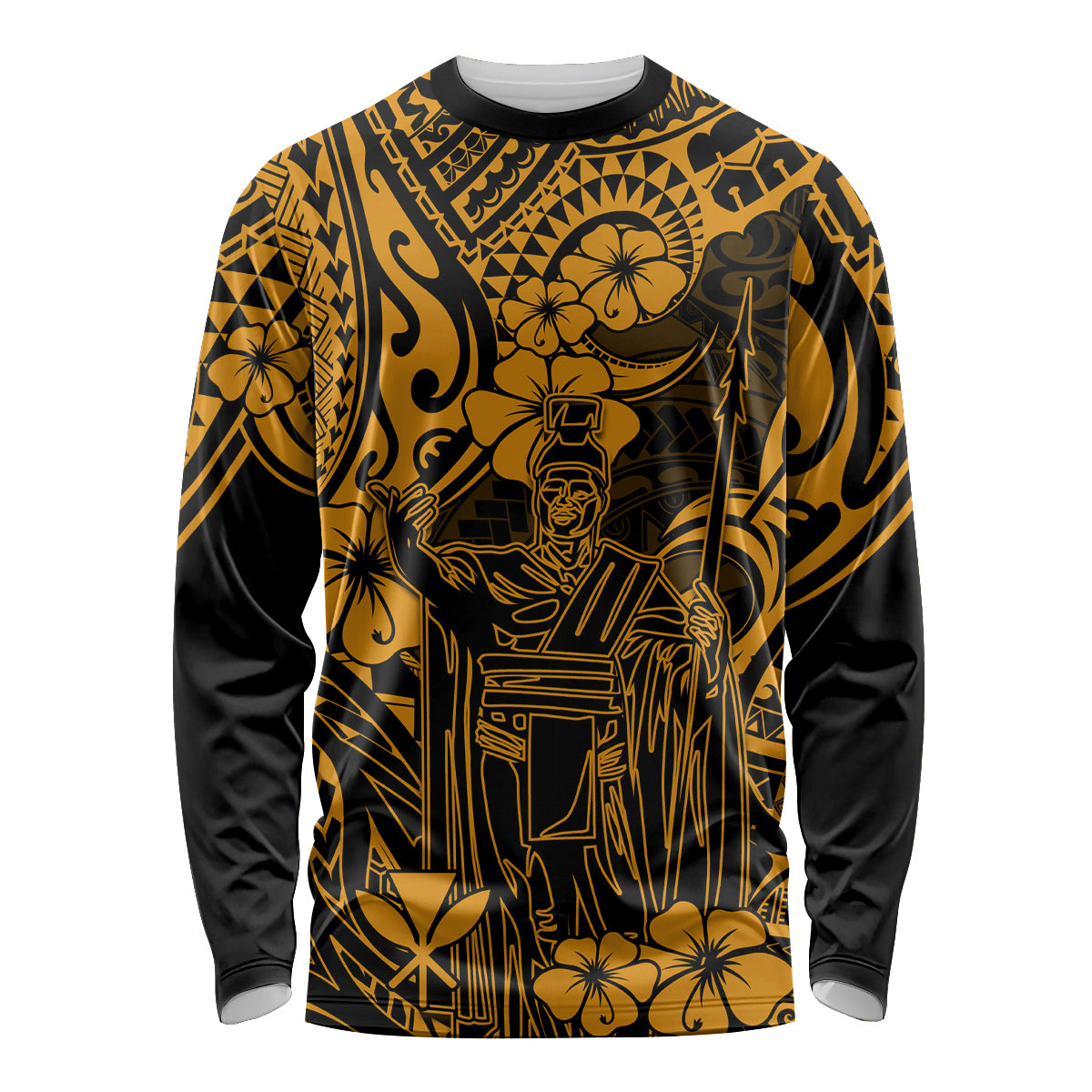 Hawaii King Kamehameha Long Sleeve Shirt Polynesian Pattern Gold Version - Wonder Print Shop