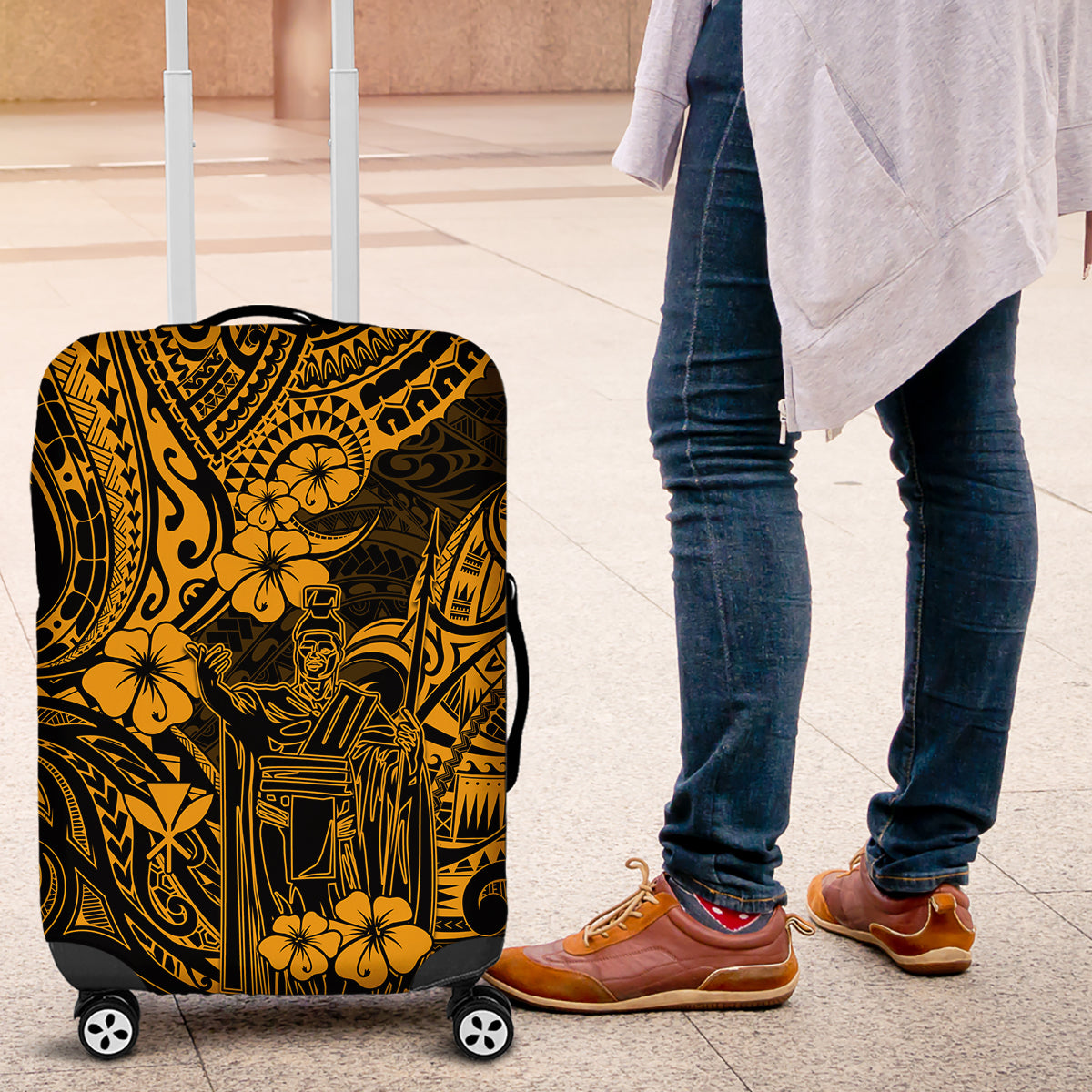 Hawaii King Kamehameha Luggage Cover Polynesian Pattern Gold Version - Wonder Print Shop