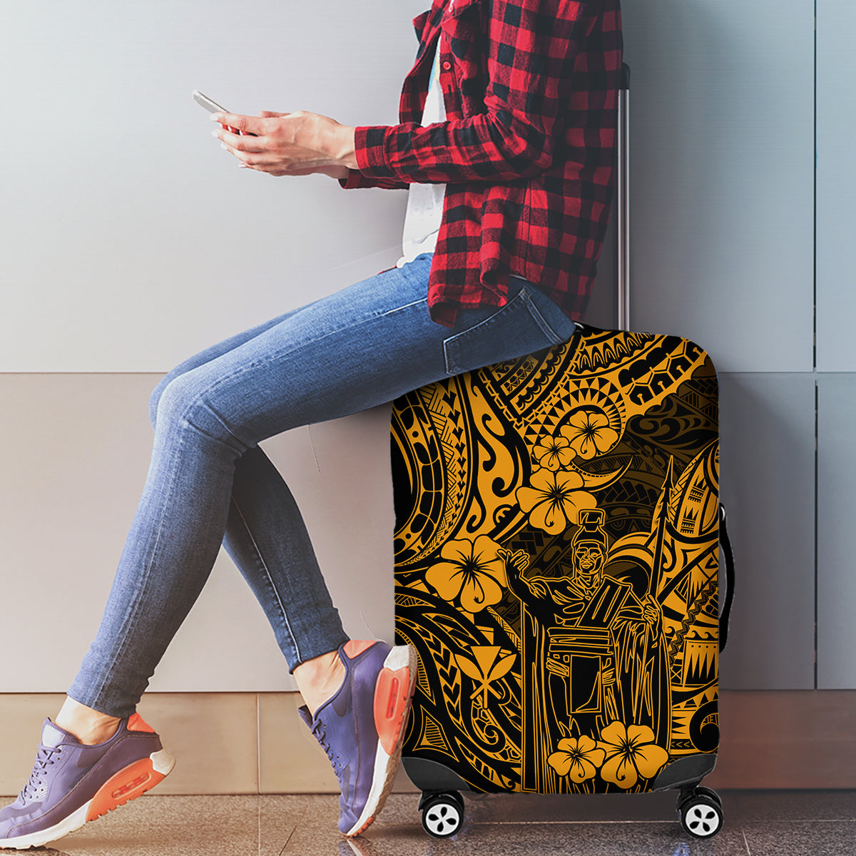 Hawaii King Kamehameha Luggage Cover Polynesian Pattern Gold Version - Wonder Print Shop