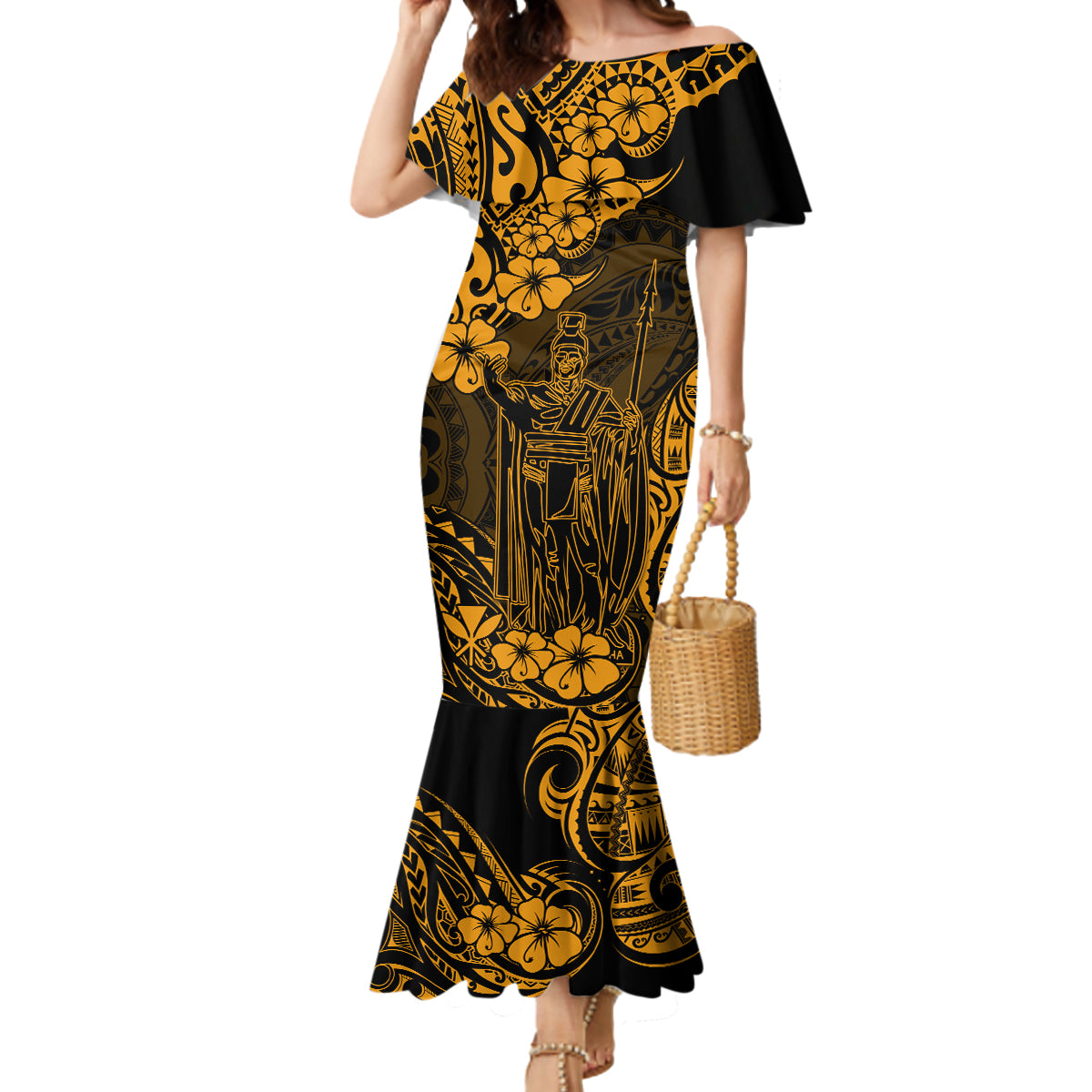 Hawaii King Kamehameha Mermaid Dress Polynesian Pattern Gold Version - Wonder Print Shop