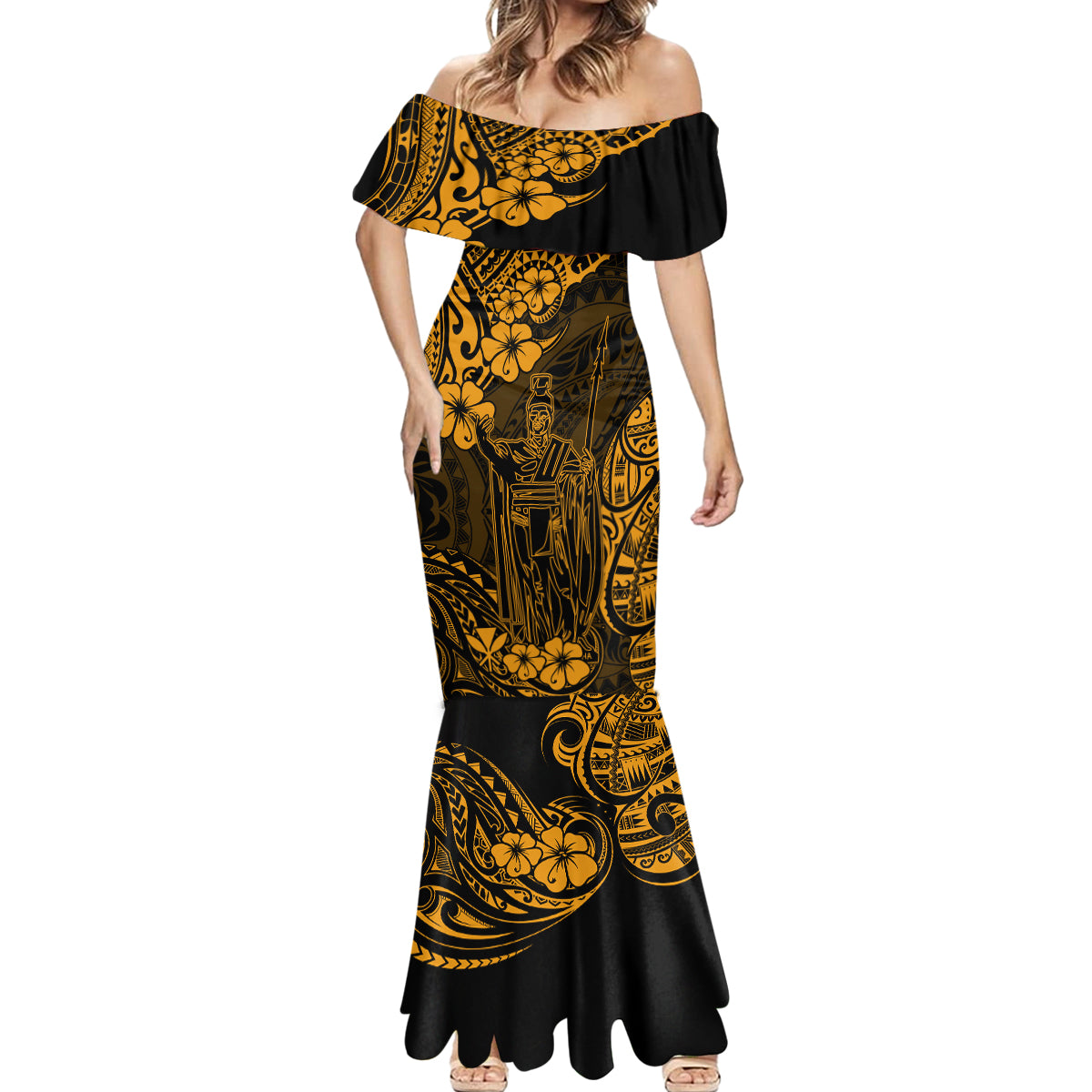 Hawaii King Kamehameha Mermaid Dress Polynesian Pattern Gold Version - Wonder Print Shop