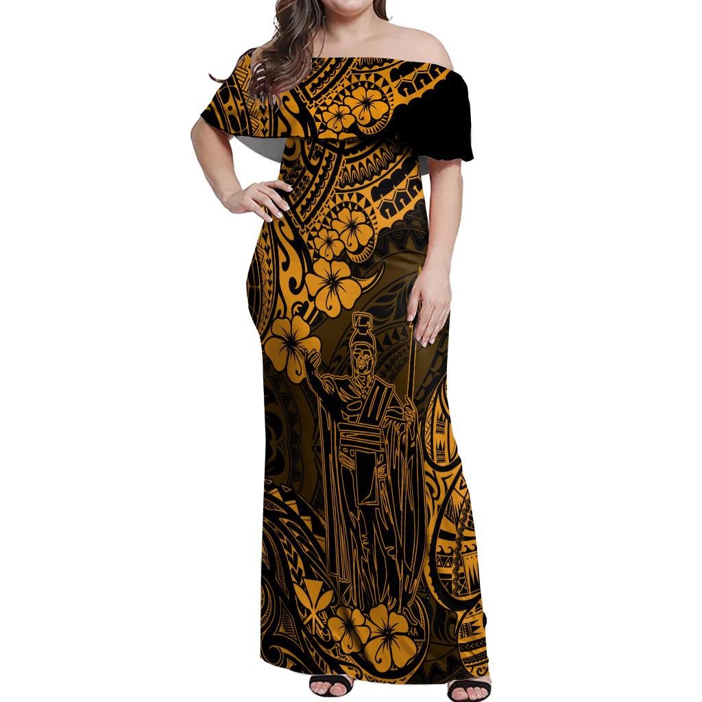 Hawaii King Kamehameha Off Shoulder Maxi Dress Polynesian Pattern Gold Version - Wonder Print Shop