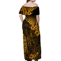 Hawaii King Kamehameha Off Shoulder Maxi Dress Polynesian Pattern Gold Version - Wonder Print Shop