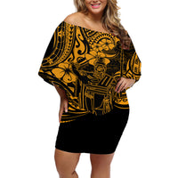 Hawaii King Kamehameha Off Shoulder Short Dress Polynesian Pattern Gold Version - Wonder Print Shop