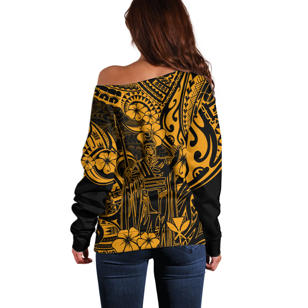 Hawaii King Kamehameha Off Shoulder Sweater Polynesian Pattern Gold Version - Wonder Print Shop