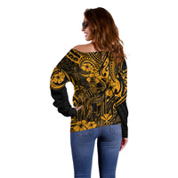 Hawaii King Kamehameha Off Shoulder Sweater Polynesian Pattern Gold Version - Wonder Print Shop