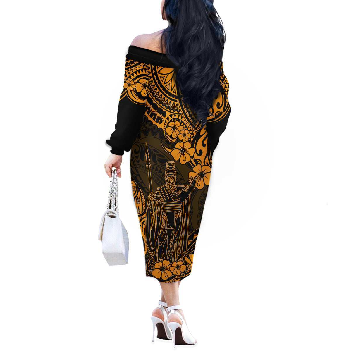 Hawaii King Kamehameha Off The Shoulder Long Sleeve Dress Polynesian Pattern Gold Version - Wonder Print Shop