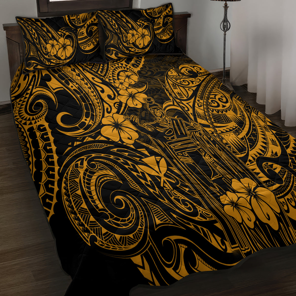 Hawaii King Kamehameha Quilt Bed Set Polynesian Pattern Gold Version - Wonder Print Shop