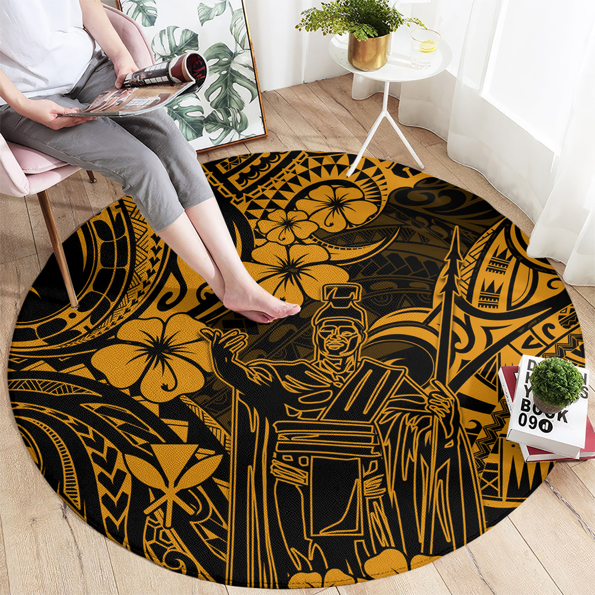 hawaii-king-kamehameha-round-carpet-polynesian-pattern-gold-version