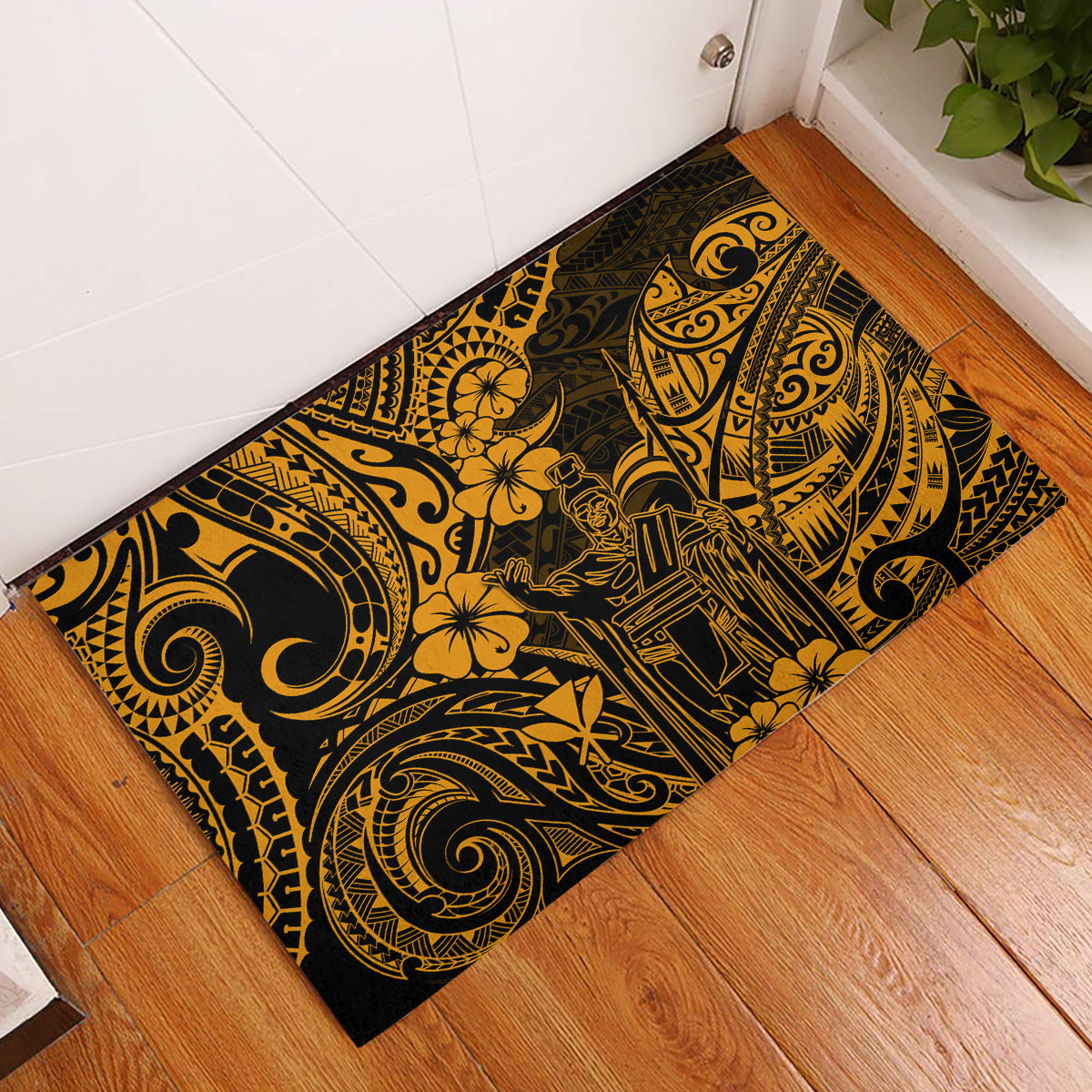 Hawaii King Kamehameha Rubber Doormat Polynesian Pattern Gold Version - Wonder Print Shop
