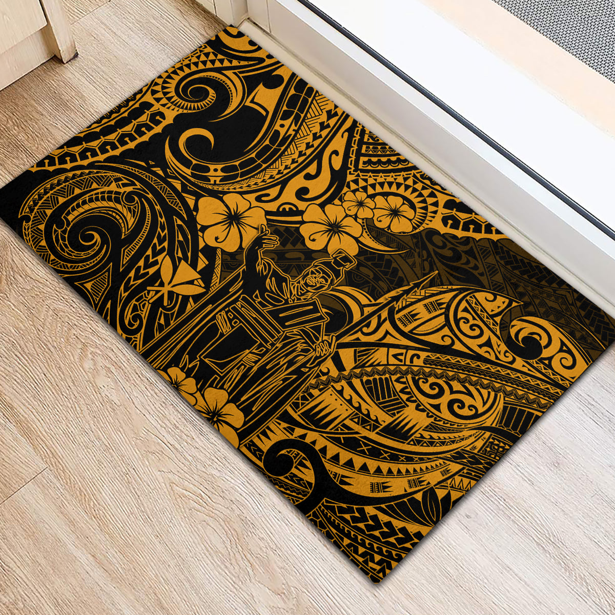 Hawaii King Kamehameha Rubber Doormat Polynesian Pattern Gold Version - Wonder Print Shop