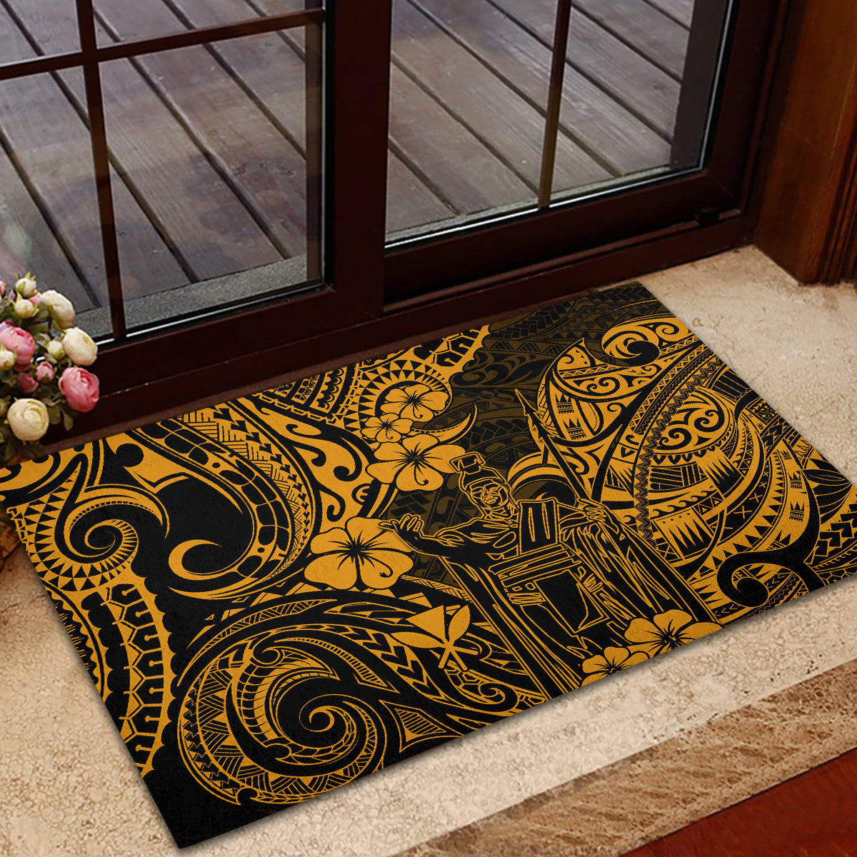 Hawaii King Kamehameha Rubber Doormat Polynesian Pattern Gold Version - Wonder Print Shop