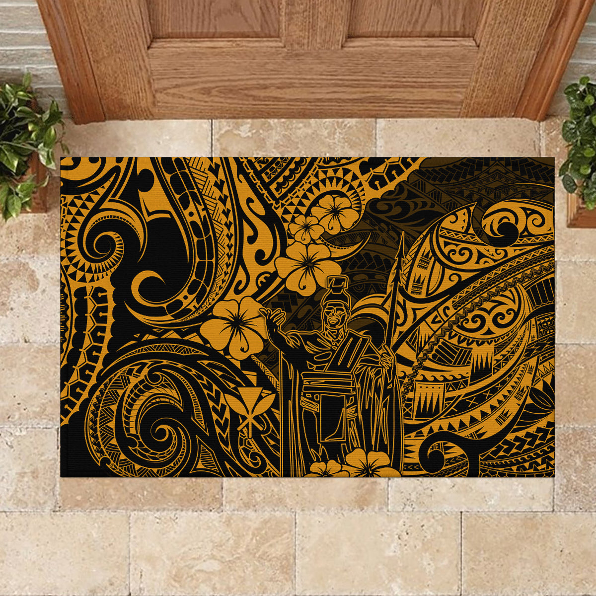 Hawaii King Kamehameha Rubber Doormat Polynesian Pattern Gold Version - Wonder Print Shop
