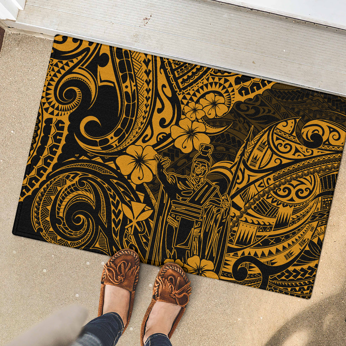 Hawaii King Kamehameha Rubber Doormat Polynesian Pattern Gold Version - Wonder Print Shop