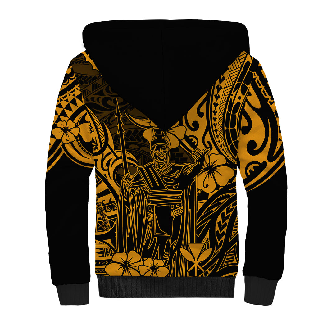 Hawaii King Kamehameha Sherpa Hoodie Polynesian Pattern Gold Version - Wonder Print Shop