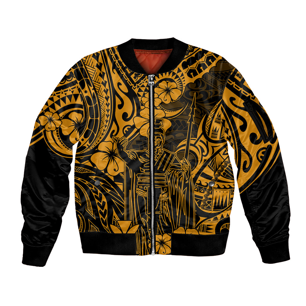 Hawaii King Kamehameha Sleeve Zip Bomber Jacket Polynesian Pattern Gold Version - Wonder Print Shop