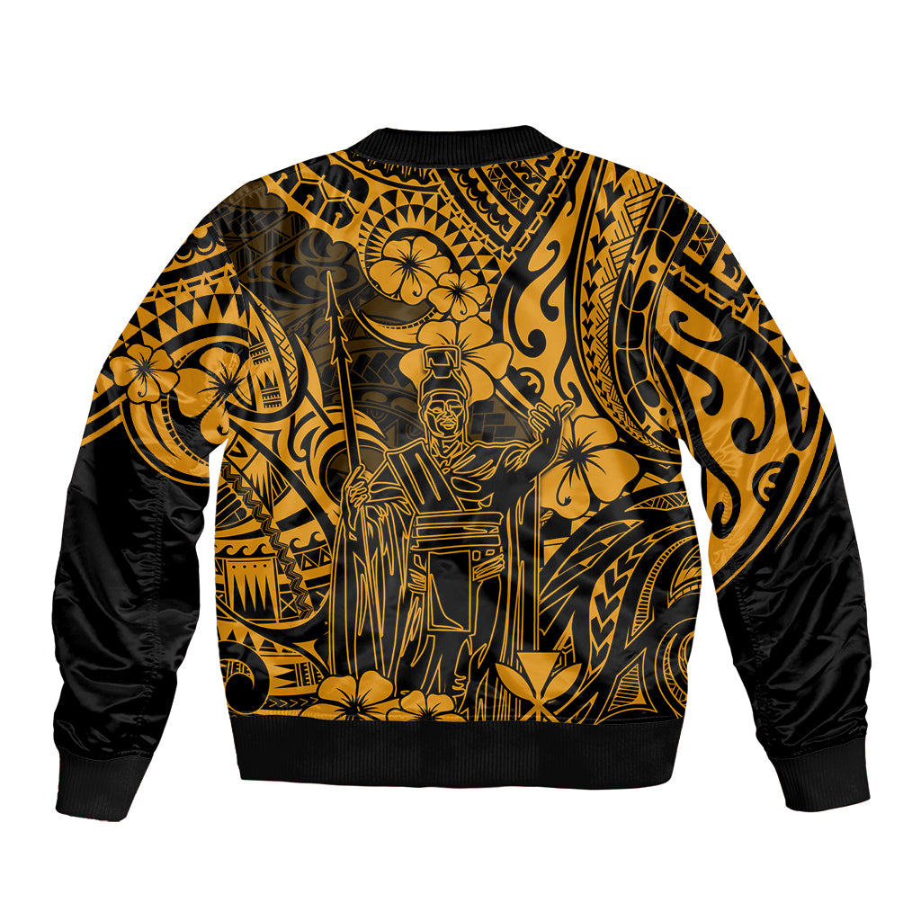 Hawaii King Kamehameha Sleeve Zip Bomber Jacket Polynesian Pattern Gold Version - Wonder Print Shop