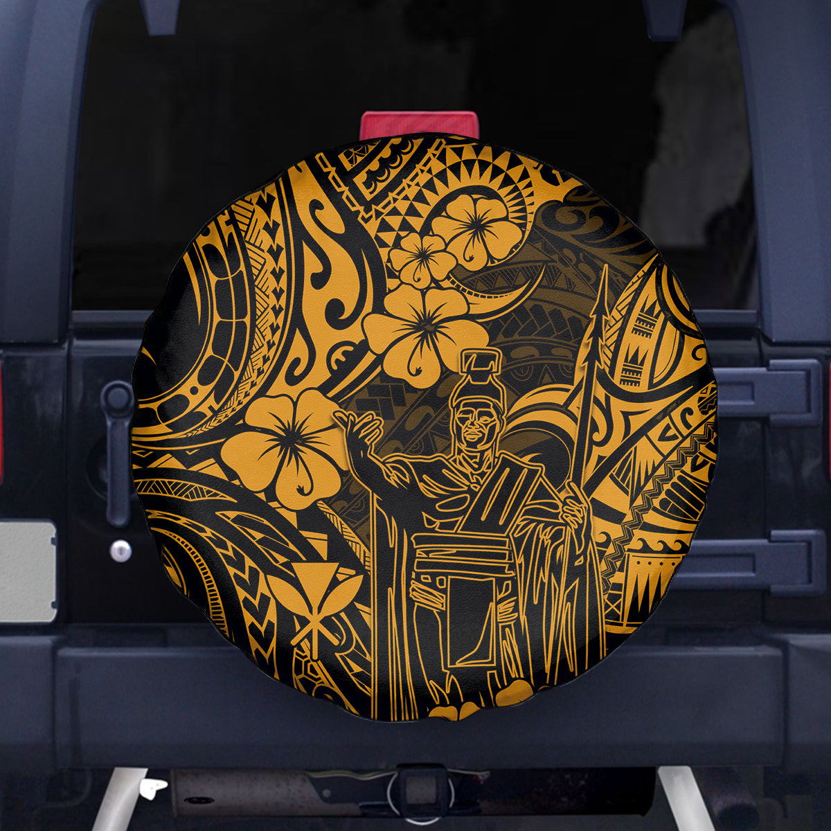 Hawaii King Kamehameha Spare Tire Cover Polynesian Pattern Gold Version - Wonder Print Shop