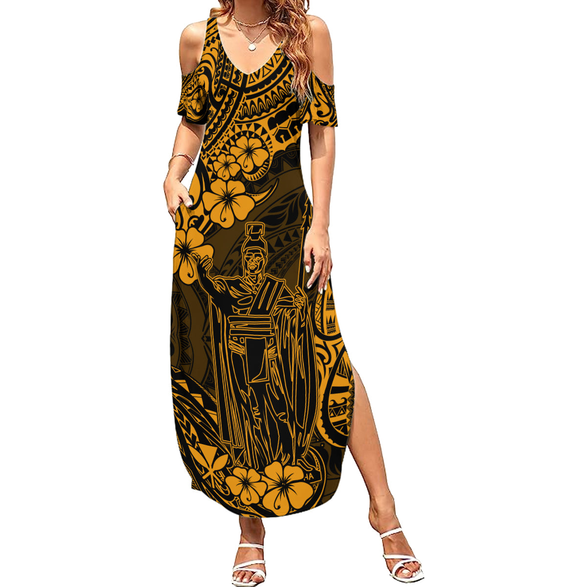 Hawaii King Kamehameha Summer Maxi Dress Polynesian Pattern Gold Version - Wonder Print Shop