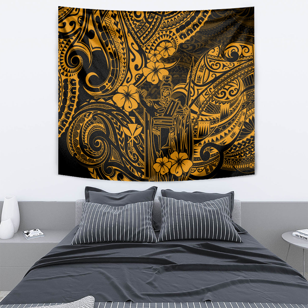 Hawaii King Kamehameha Tapestry Polynesian Pattern Gold Version - Wonder Print Shop