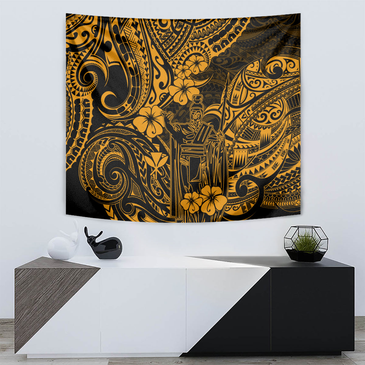 Hawaii King Kamehameha Tapestry Polynesian Pattern Gold Version - Wonder Print Shop