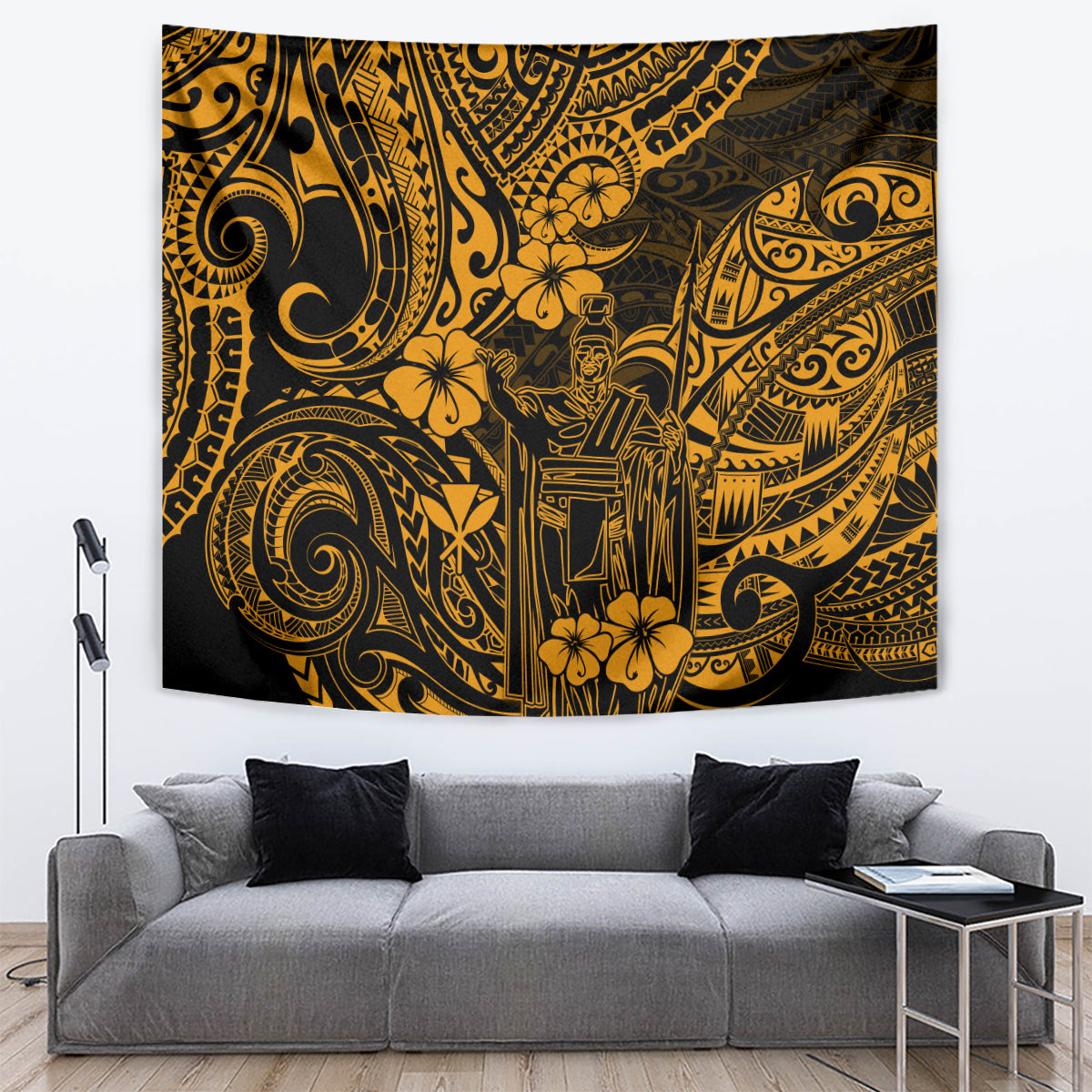 Hawaii King Kamehameha Tapestry Polynesian Pattern Gold Version - Wonder Print Shop