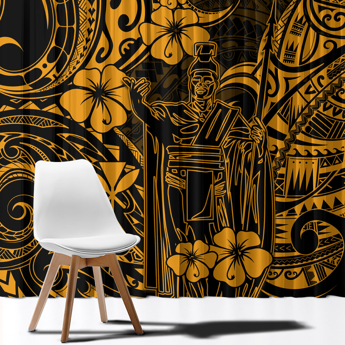 Hawaii King Kamehameha Window Curtain Polynesian Pattern Gold Version - Wonder Print Shop