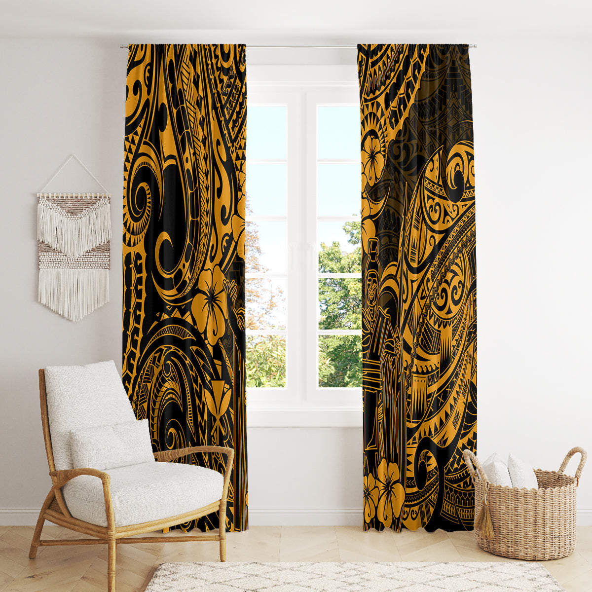 Hawaii King Kamehameha Window Curtain Polynesian Pattern Gold Version - Wonder Print Shop