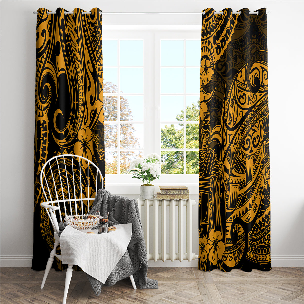 Hawaii King Kamehameha Window Curtain Polynesian Pattern Gold Version - Wonder Print Shop