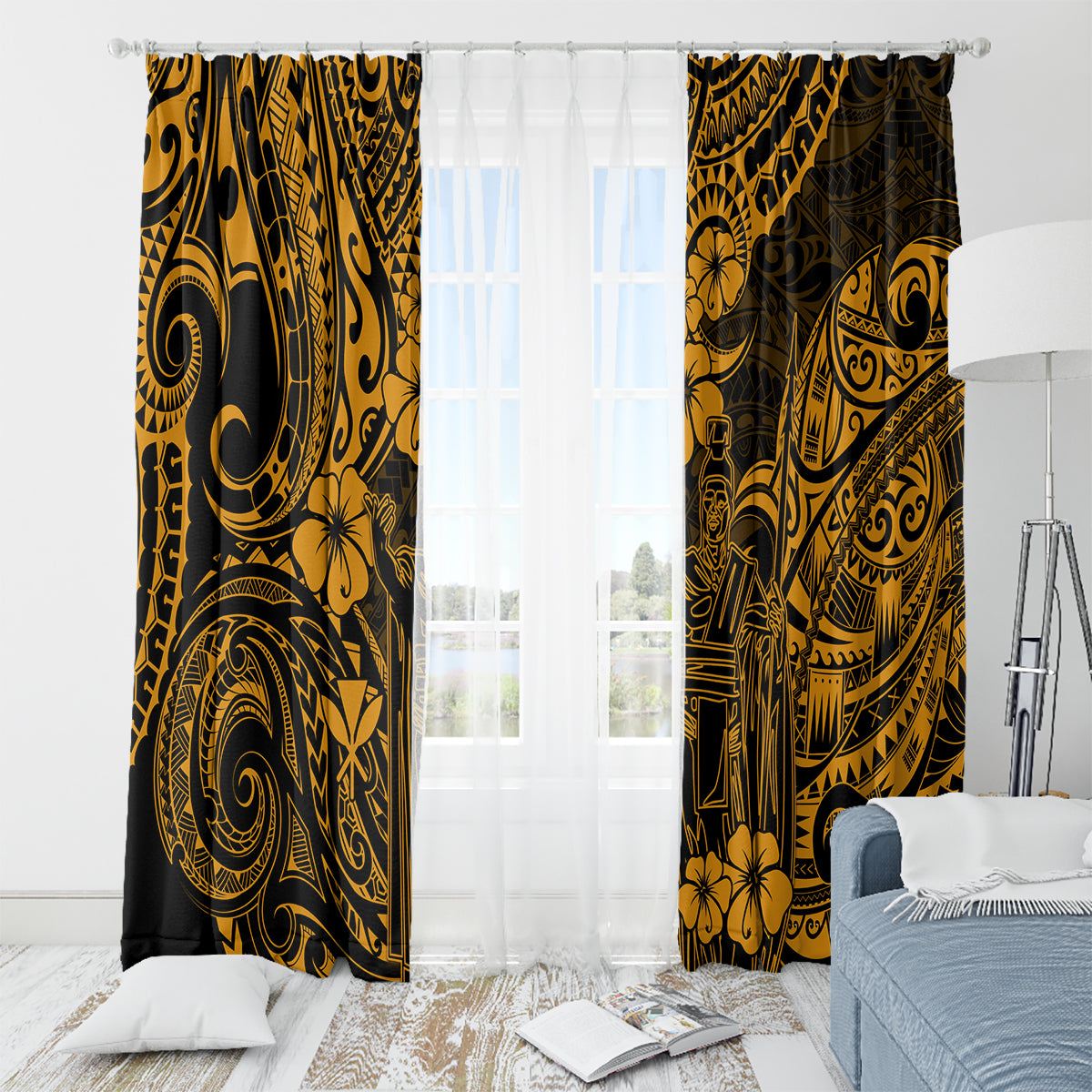 Hawaii King Kamehameha Window Curtain Polynesian Pattern Gold Version - Wonder Print Shop