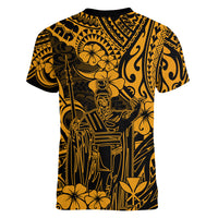 Hawaii King Kamehameha Women V Neck T Shirt Polynesian Pattern Gold Version - Wonder Print Shop