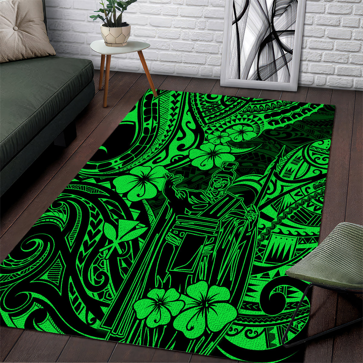 Hawaii King Kamehameha Area Rug Polynesian Pattern Green Version - Wonder Print Shop