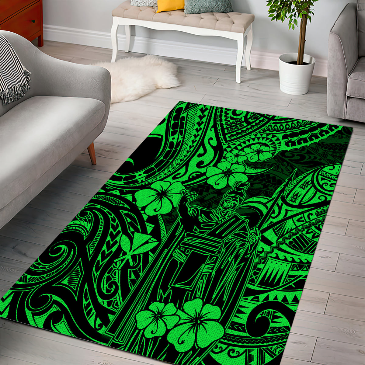 Hawaii King Kamehameha Area Rug Polynesian Pattern Green Version - Wonder Print Shop