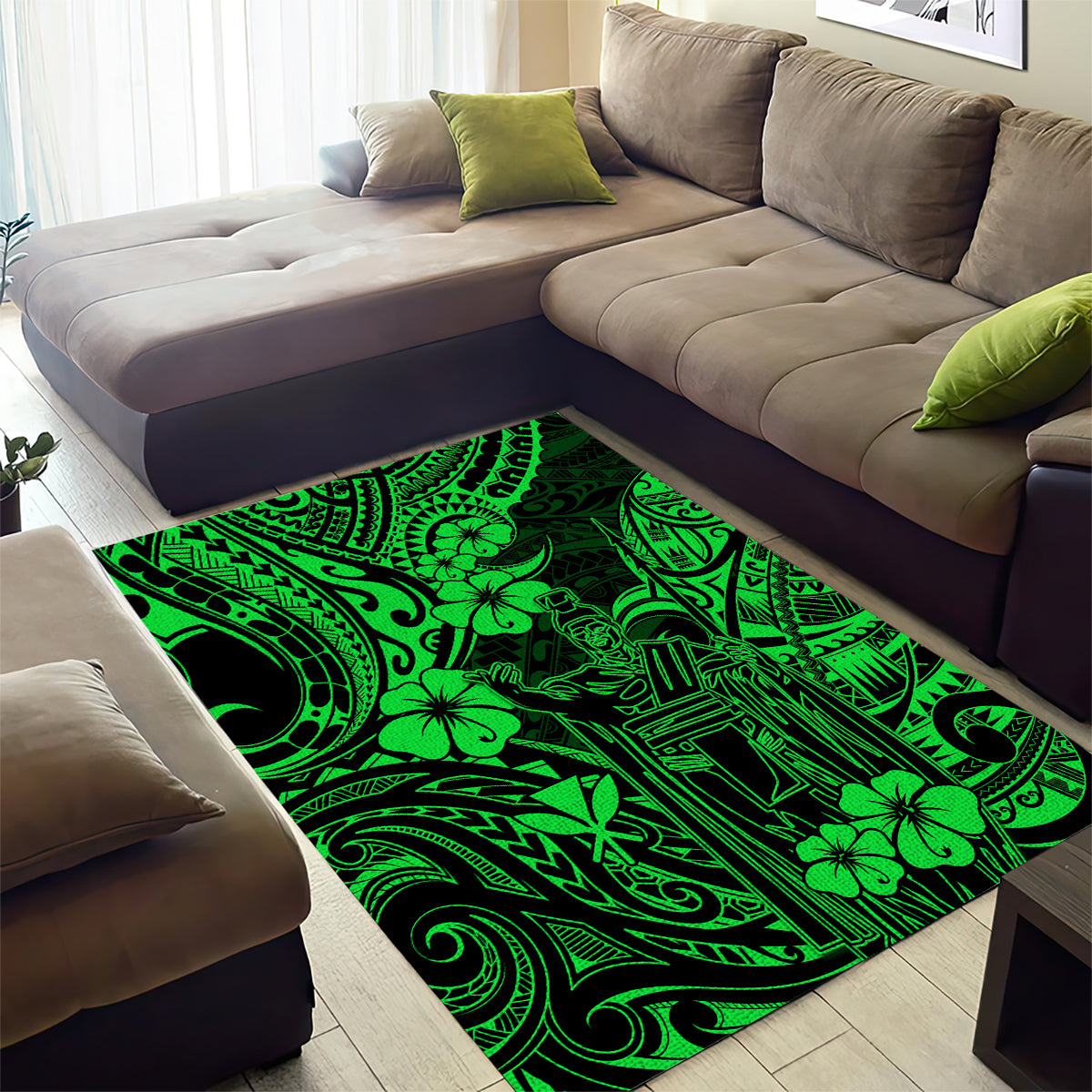 Hawaii King Kamehameha Area Rug Polynesian Pattern Green Version - Wonder Print Shop