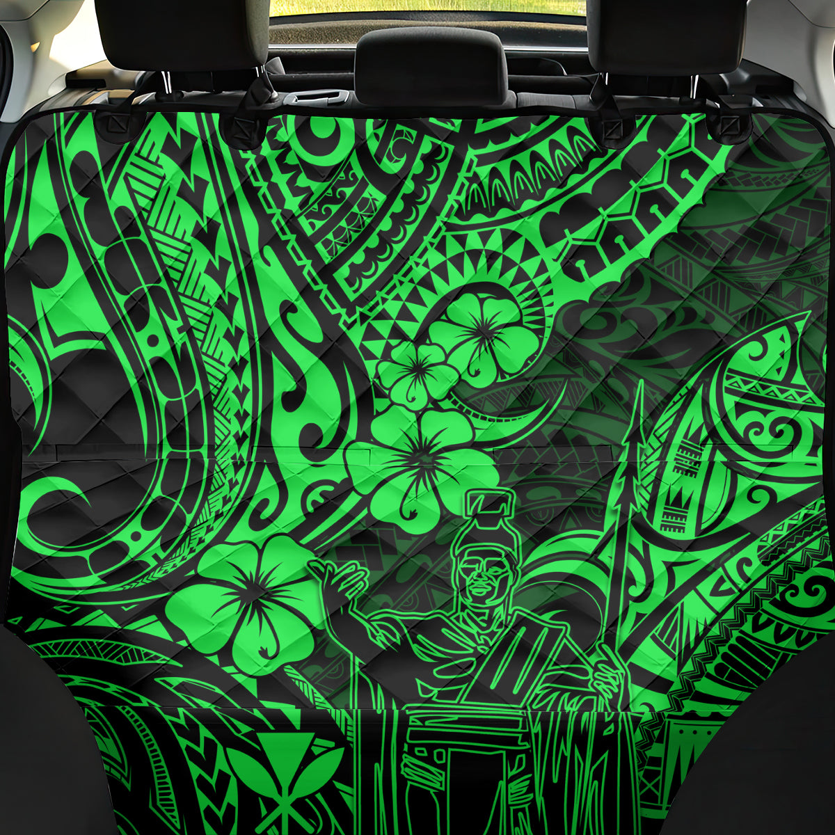 Hawaii King Kamehameha Back Car Seat Cover Polynesian Pattern Green Version - Wonder Print Shop