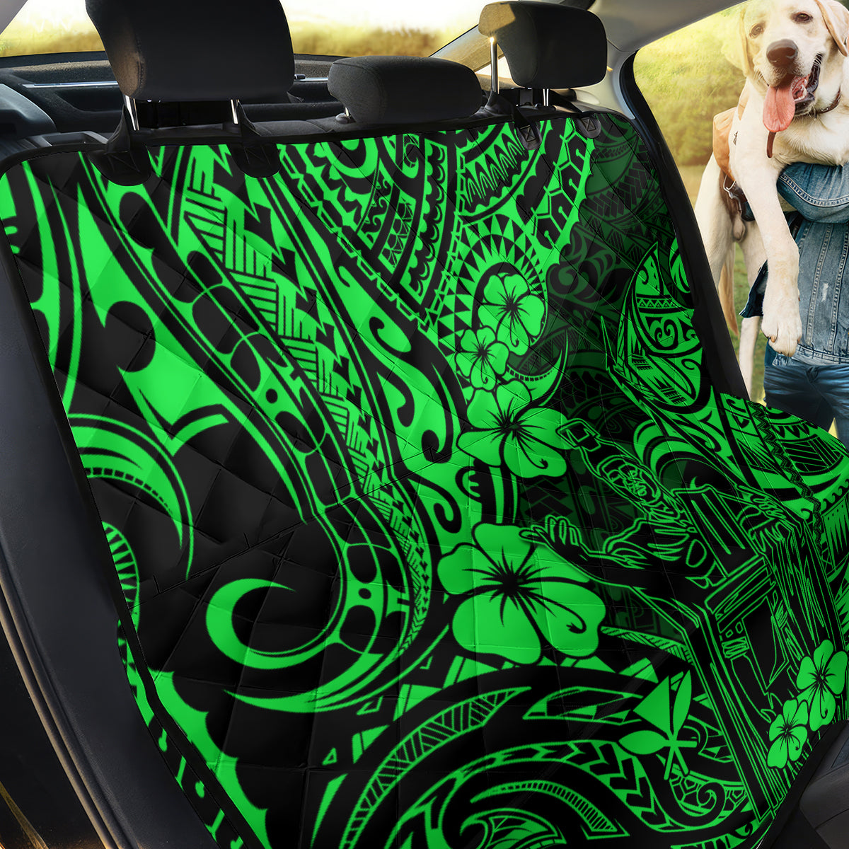 Hawaii King Kamehameha Back Car Seat Cover Polynesian Pattern Green Version - Wonder Print Shop