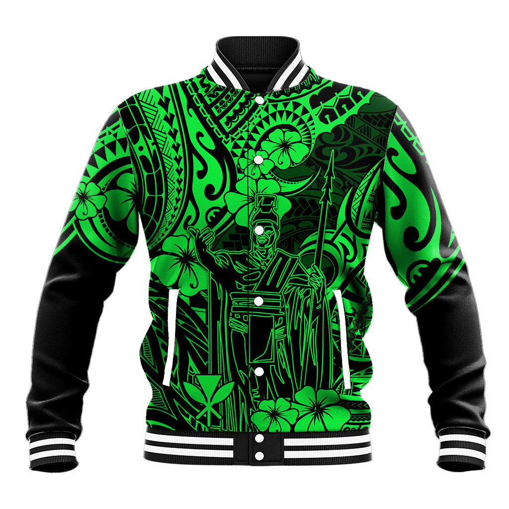 Hawaii King Kamehameha Baseball Jacket Polynesian Pattern Green Version - Wonder Print Shop