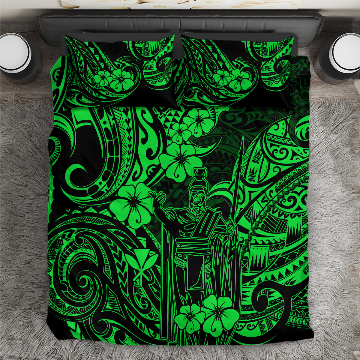 Hawaii King Kamehameha Bedding Set Polynesian Pattern Green Version - Wonder Print Shop